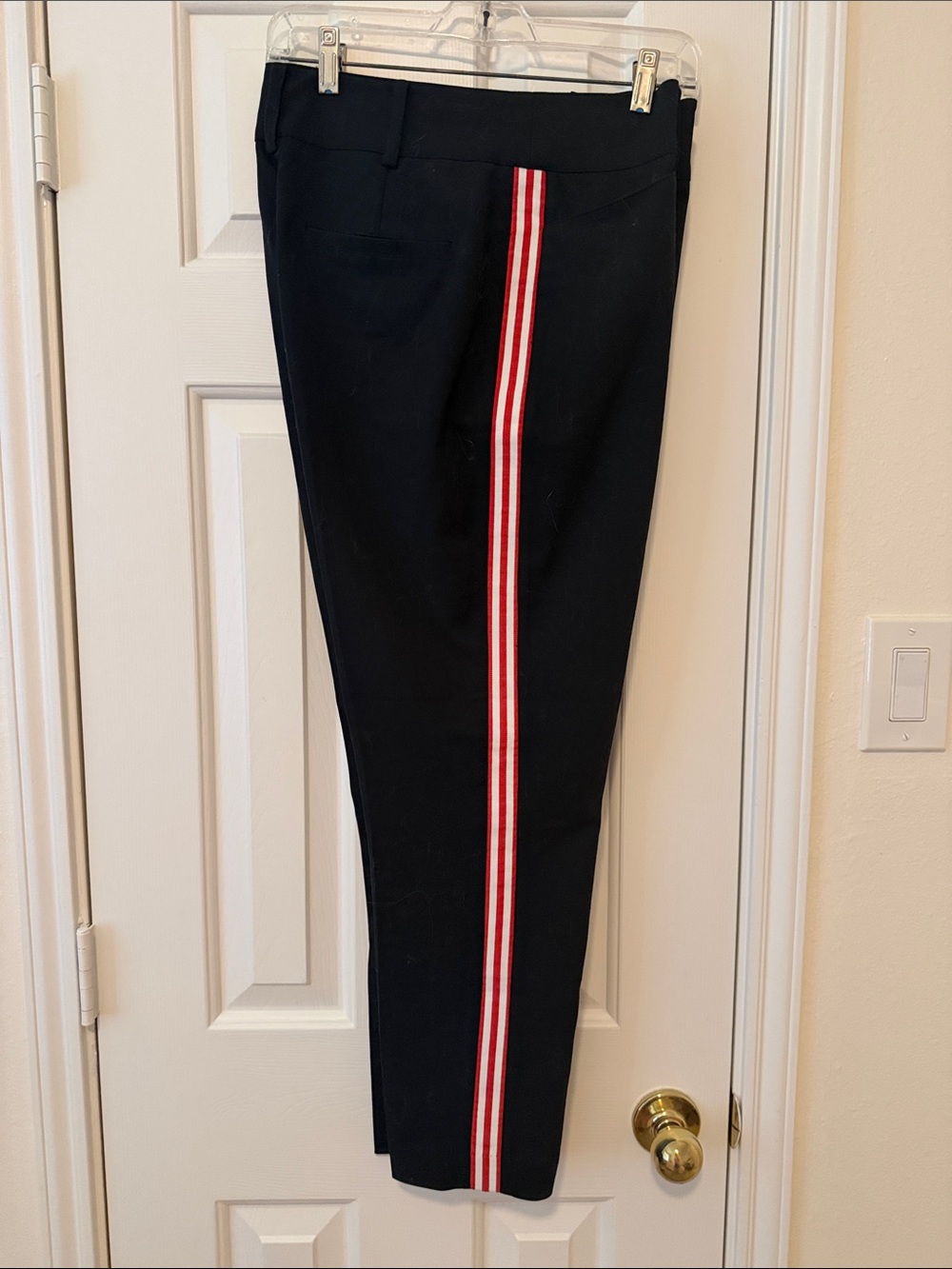 New York & Company Black Straight-Leg Pants with Red Stripe